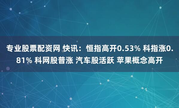 专业股票配资网 快讯：恒指高开0.53% 科指涨0.81% 科网股普涨 汽车股活跃 苹果概念高开